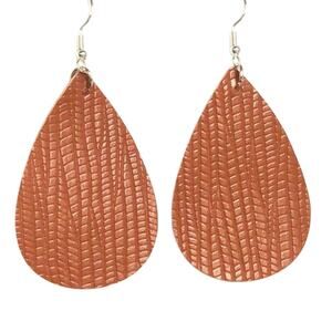 New Boutique Faux Leather Stone Grain Embossed Tan Brown Teardrop Hook Earrings